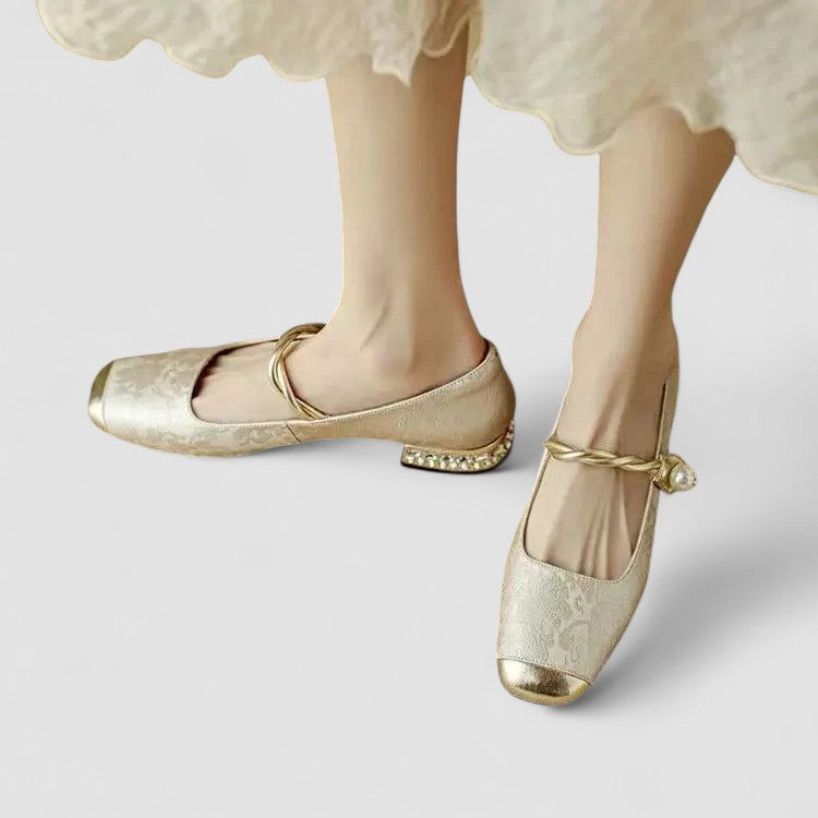 Embla | Ballet Flats | Pearl Embellished, Square Toe, Ankle Strap | Women's