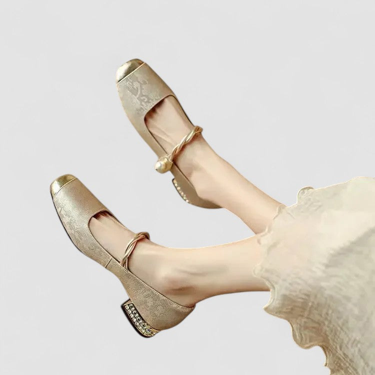 Embla | Ballet Flats | Pearl Embellished, Square Toe, Ankle Strap | Women's