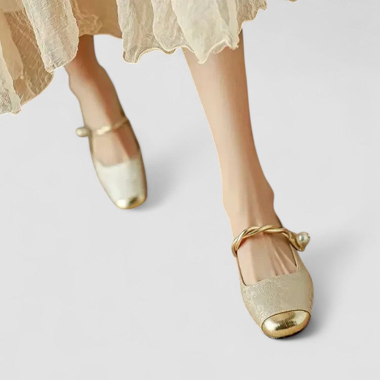 Embla | Ballet Flats | Pearl Embellished, Square Toe, Ankle Strap | Women's
