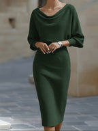 Midi Dress Womens Batwing Sleeve Crew Neck Casual Flowy Silhouette