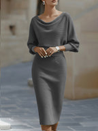 Midi Dress Womens Batwing Sleeve Crew Neck Casual Flowy Silhouette