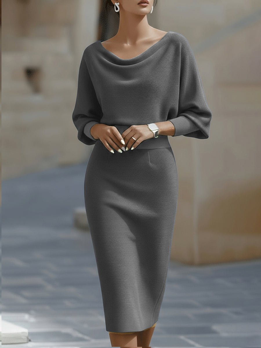 Midi Dress Womens Batwing Sleeve Crew Neck Casual Flowy Silhouette