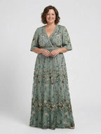 Embla | Maxi Dress | Floral V Neck, Sheer Sleeves, Green | Formal