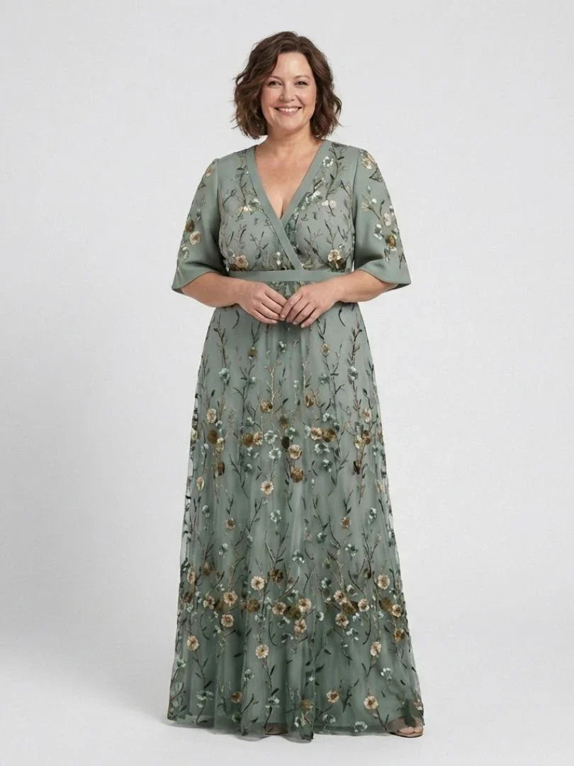 Embla | Maxi Dress | Floral V Neck, Sheer Sleeves, Green | Formal