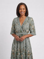 Embla | Maxi Dress | Floral V Neck, Sheer Sleeves, Green | Formal
