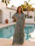 Embla | Maxi Dress | Floral V Neck, Sheer Sleeves, Green | Formal