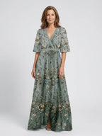 Embla | Maxi Dress | Floral V Neck, Sheer Sleeves, Green | Formal