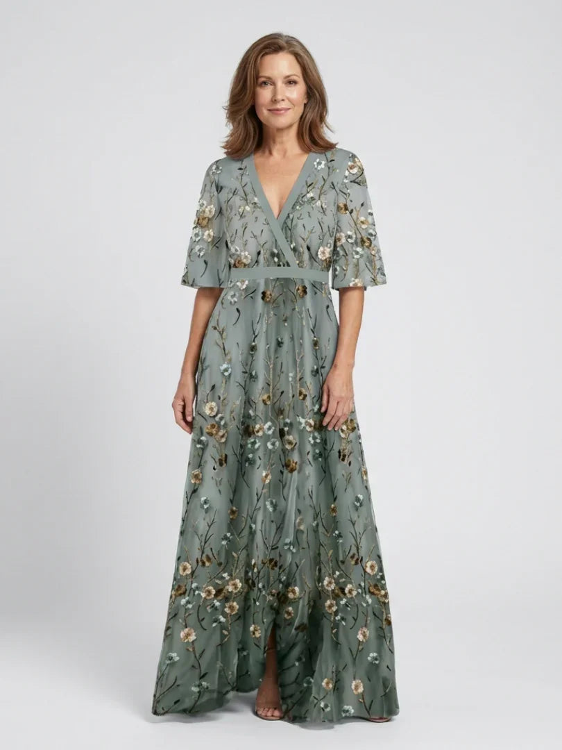 Embla | Maxi Dress | Floral V Neck, Sheer Sleeves, Green | Formal