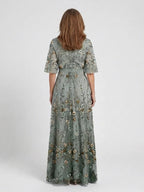 Embla | Maxi Dress | Floral V Neck, Sheer Sleeves, Green | Formal