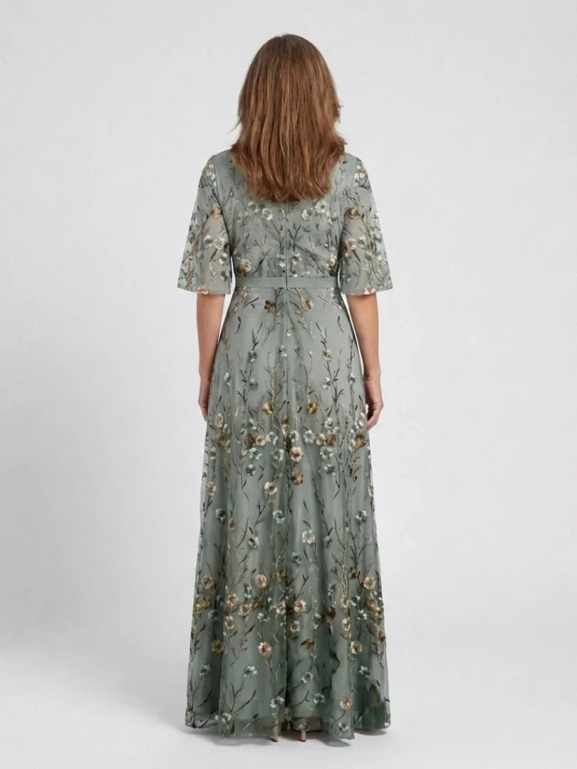 Embla | Maxi Dress | Floral V Neck, Sheer Sleeves, Green | Formal