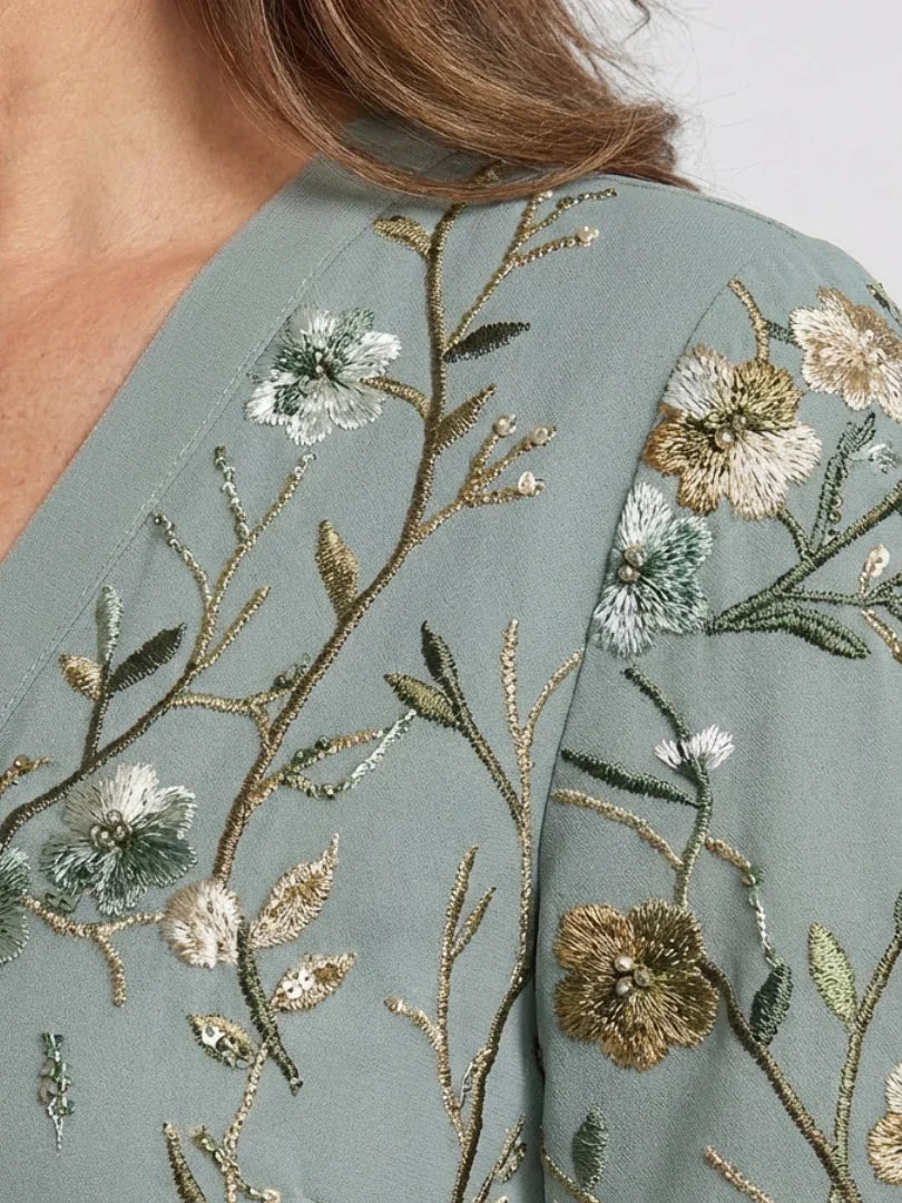 Embla | Maxi Dress | Floral V Neck, Sheer Sleeves, Green | Formal