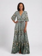 Embla | Maxi Dress | Floral V Neck, Sheer Sleeves, Green | Formal