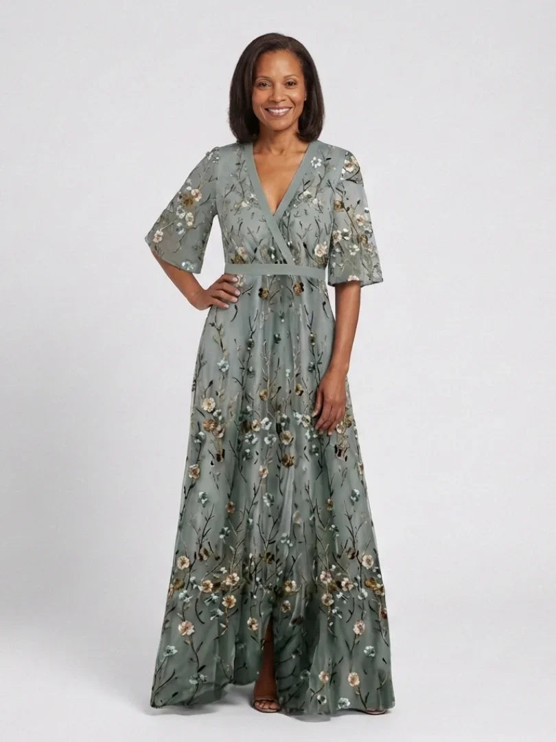 Embla | Maxi Dress | Floral V Neck, Sheer Sleeves, Green | Formal