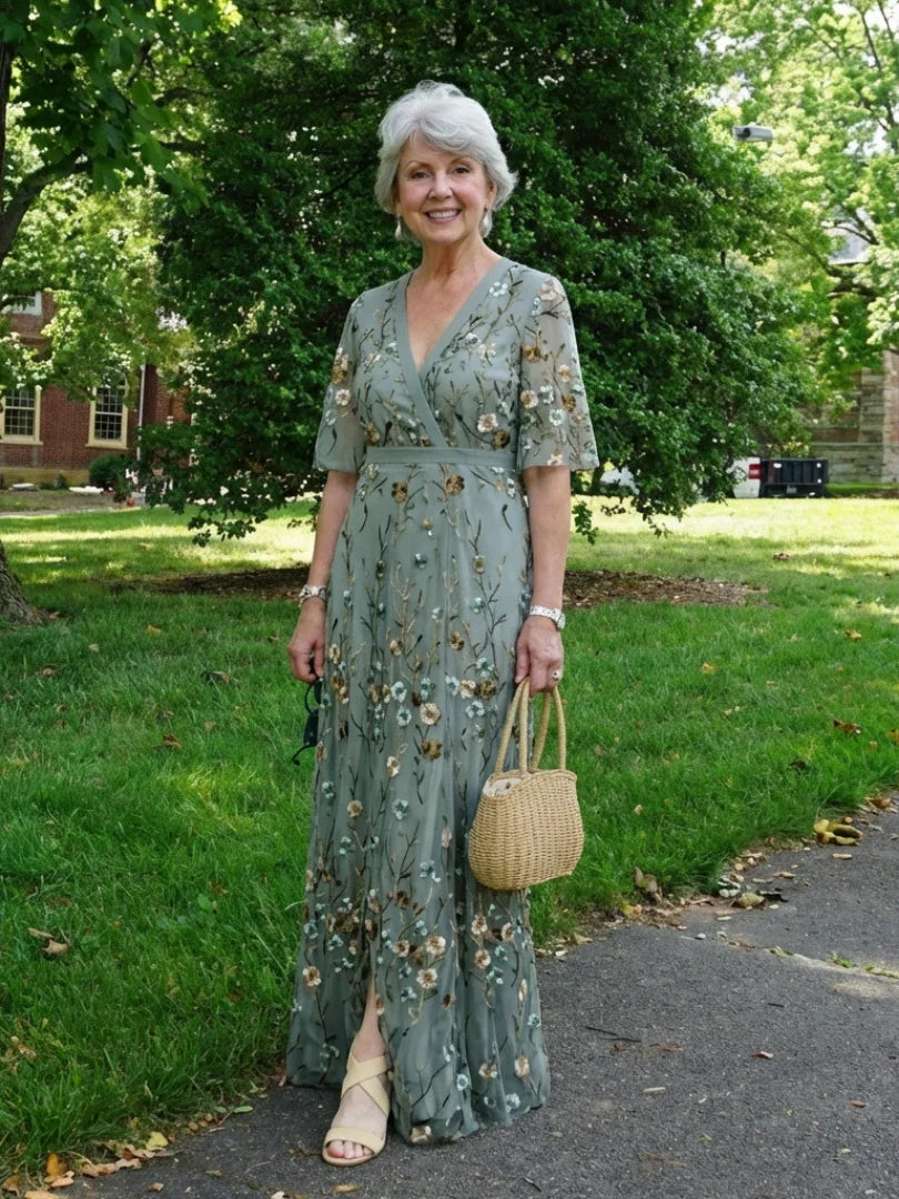 Embla | Maxi Dress | Floral V Neck, Sheer Sleeves, Green | Formal