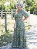 Embla | Maxi Dress | Floral V Neck, Sheer Sleeves, Green | Formal