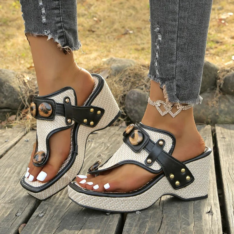 Women's Platform Wedge Sandals with Studded Straps