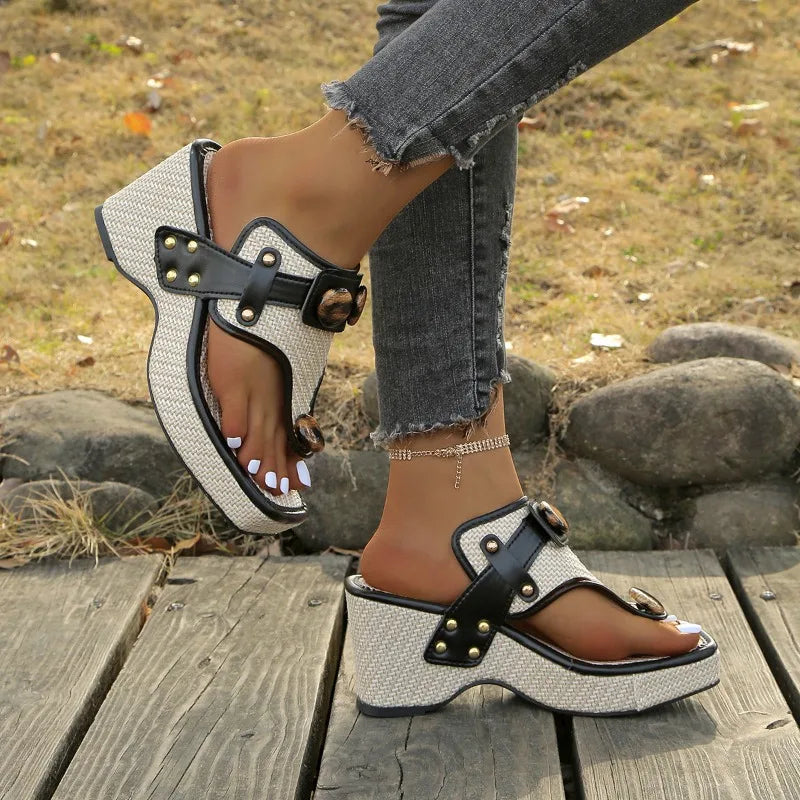 Women's Platform Wedge Sandals with Studded Straps