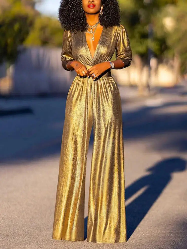 Women's Jumpsuit | Glossy Stretch, V-Neck, Wide Leg | Lyra