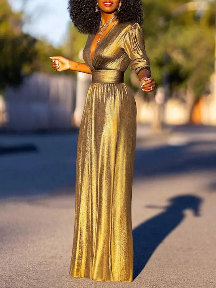 Women's Jumpsuit | Glossy Stretch, V-Neck, Wide Leg | Lyra