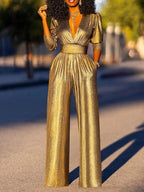 Women's Jumpsuit | Glossy Stretch, V-Neck, Wide Leg | Lyra