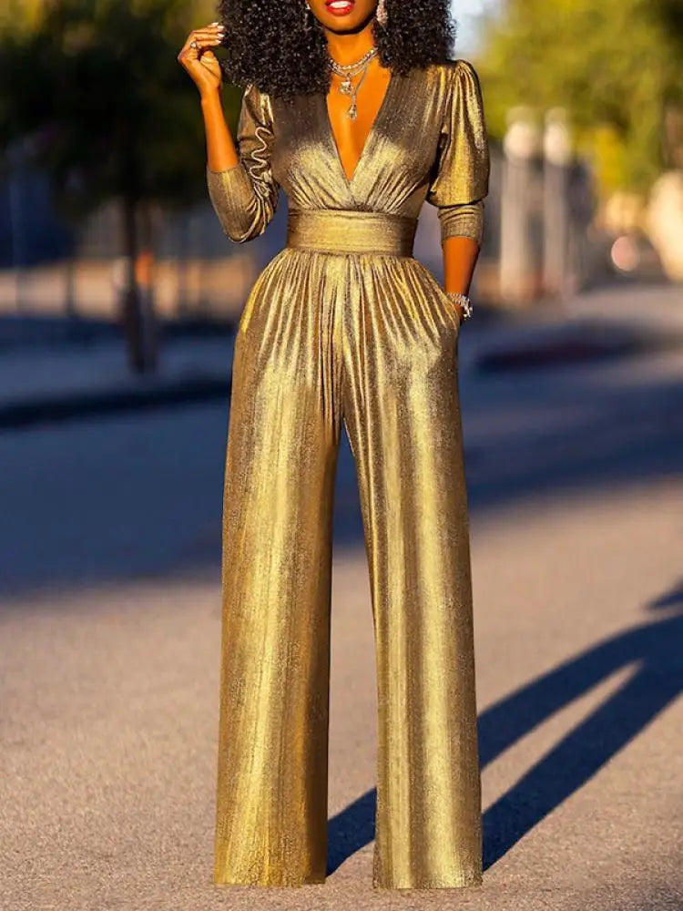 Women's Jumpsuit | Glossy Stretch, V-Neck, Wide Leg | Lyra