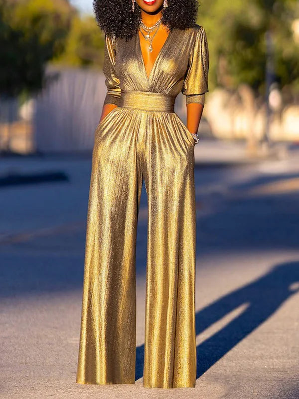 Women's Jumpsuit | Glossy Stretch, V-Neck, Wide Leg | Lyra