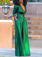 Women's Jumpsuit | Glossy Stretch, V-Neck, Wide Leg | Lyra
