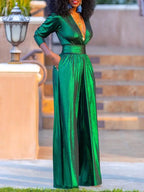 Women's Jumpsuit | Glossy Stretch, V-Neck, Wide Leg | Lyra