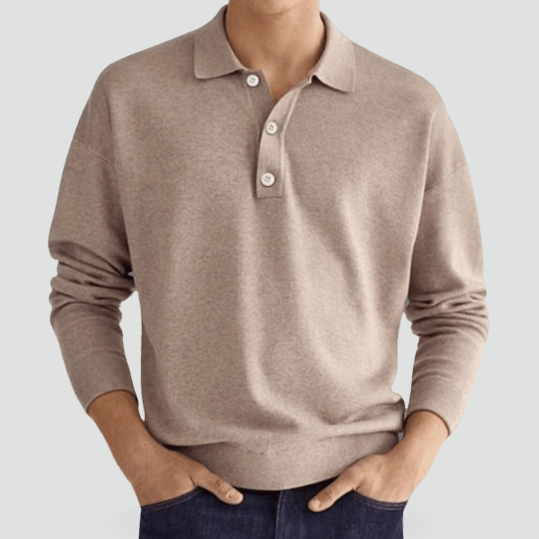 Polo Shirt Men Long Sleeve Fine Knit Ribbed Cuffs Flat Collar