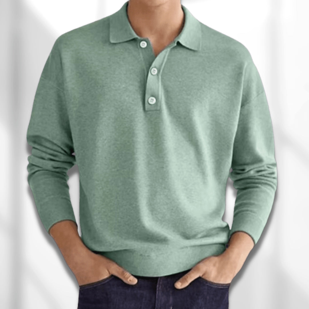 Polo Shirt Men Long Sleeve Fine Knit Ribbed Cuffs Flat Collar