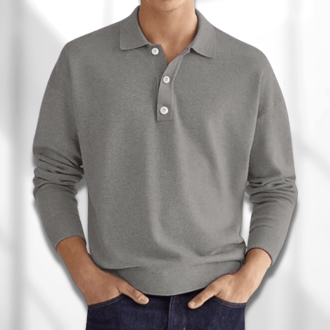 Polo Shirt Men Long Sleeve Fine Knit Ribbed Cuffs Flat Collar