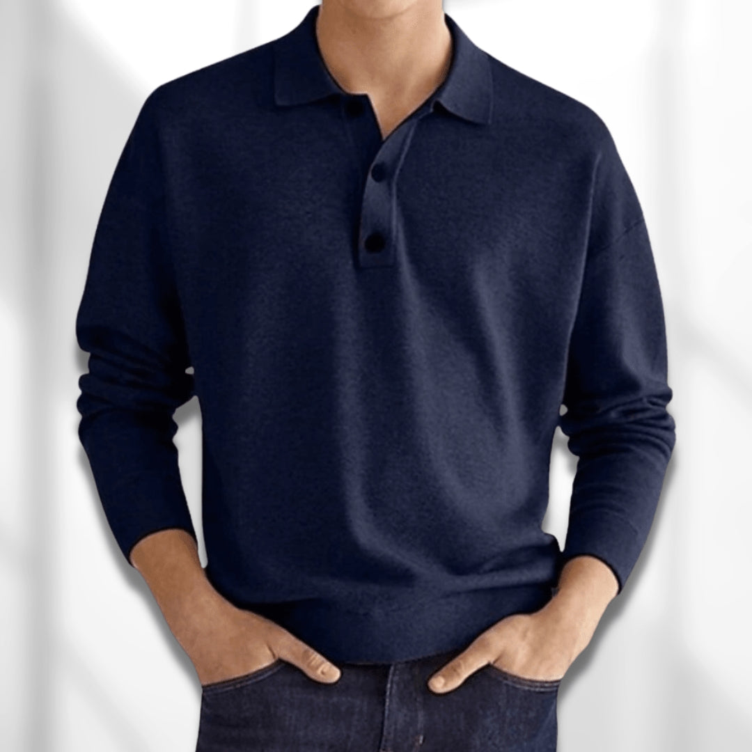 Polo Shirt Men Long Sleeve Fine Knit Ribbed Cuffs Flat Collar