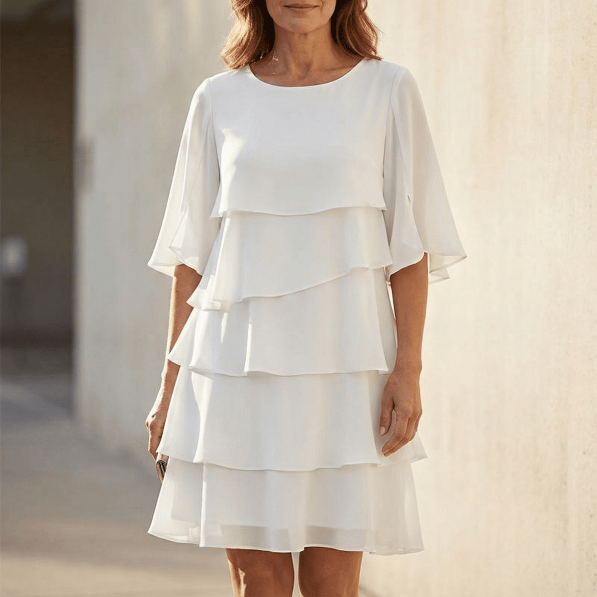 Summer Dress Women Four Tier Ruffle Flutter Sleeve Knee Length