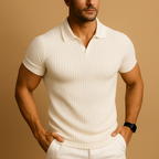 Polo Shirt Men Slim Fit V Neck Ribbed Knit Short Sleeve Casual