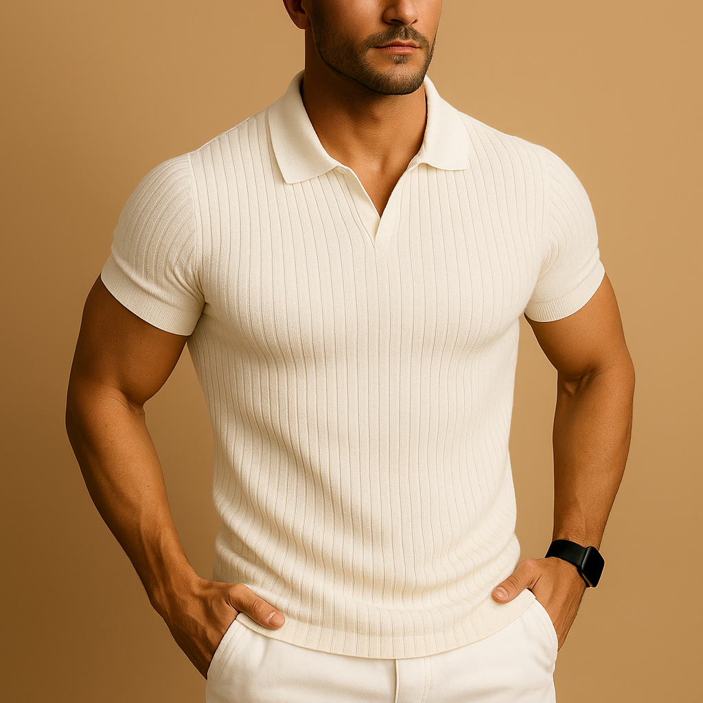 Polo Shirt Men Slim Fit V Neck Ribbed Knit Short Sleeve Casual