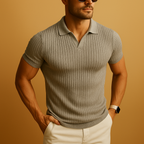 Polo Shirt Men Slim Fit V Neck Ribbed Knit Short Sleeve Casual