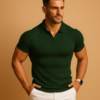 Polo Shirt Men Slim Fit V Neck Ribbed Knit Short Sleeve Casual