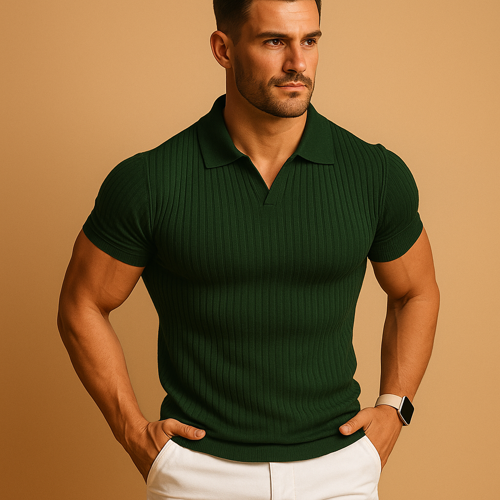 Polo Shirt Men Slim Fit V Neck Ribbed Knit Short Sleeve Casual
