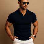 Polo Shirt Men Slim Fit V Neck Ribbed Knit Short Sleeve Casual