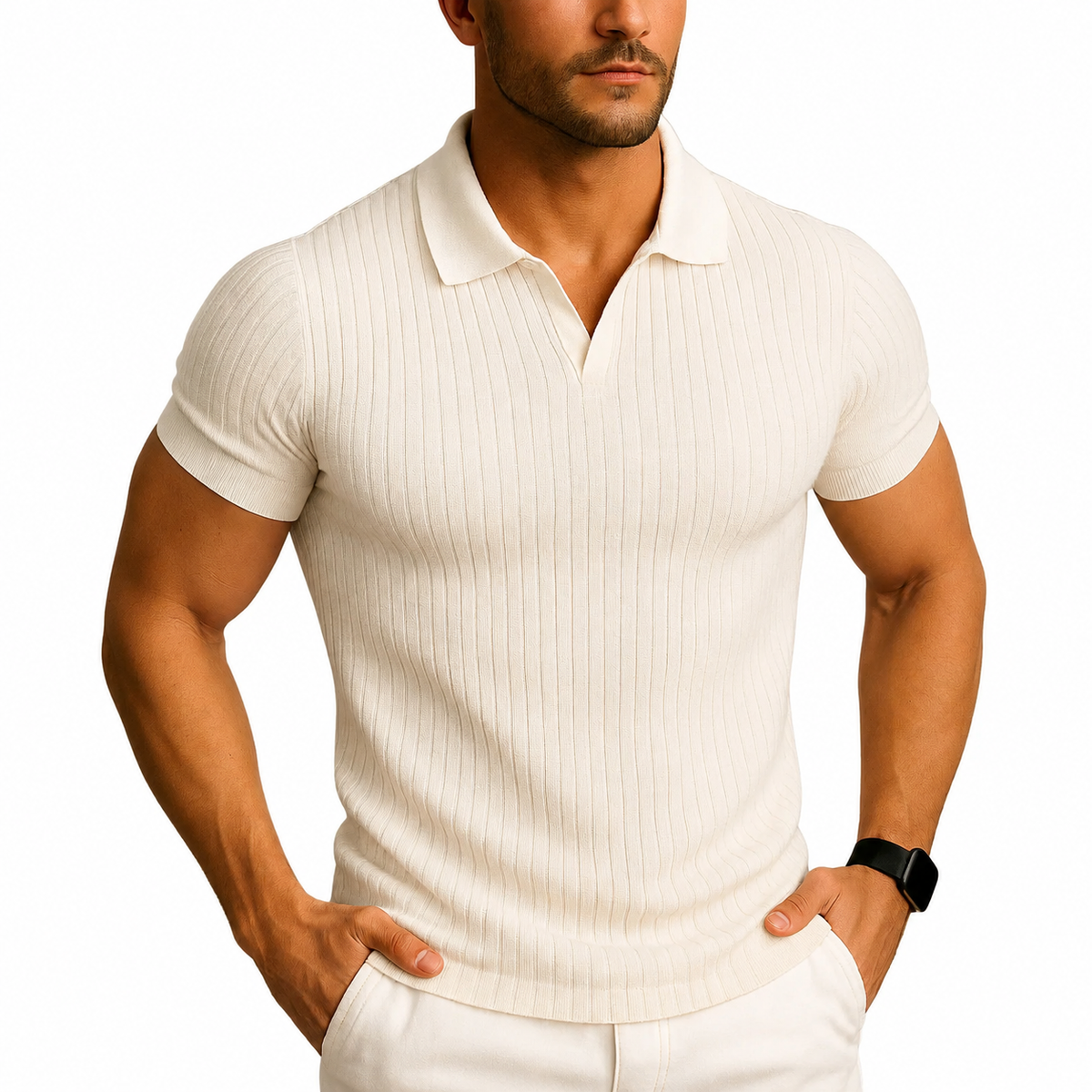 Polo Shirt Men Slim Fit V Neck Ribbed Knit Short Sleeve Casual
