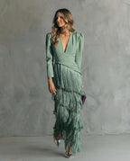 Midi Dress Women Boho Layered Fringe Flowy Silhouette Deep Neck