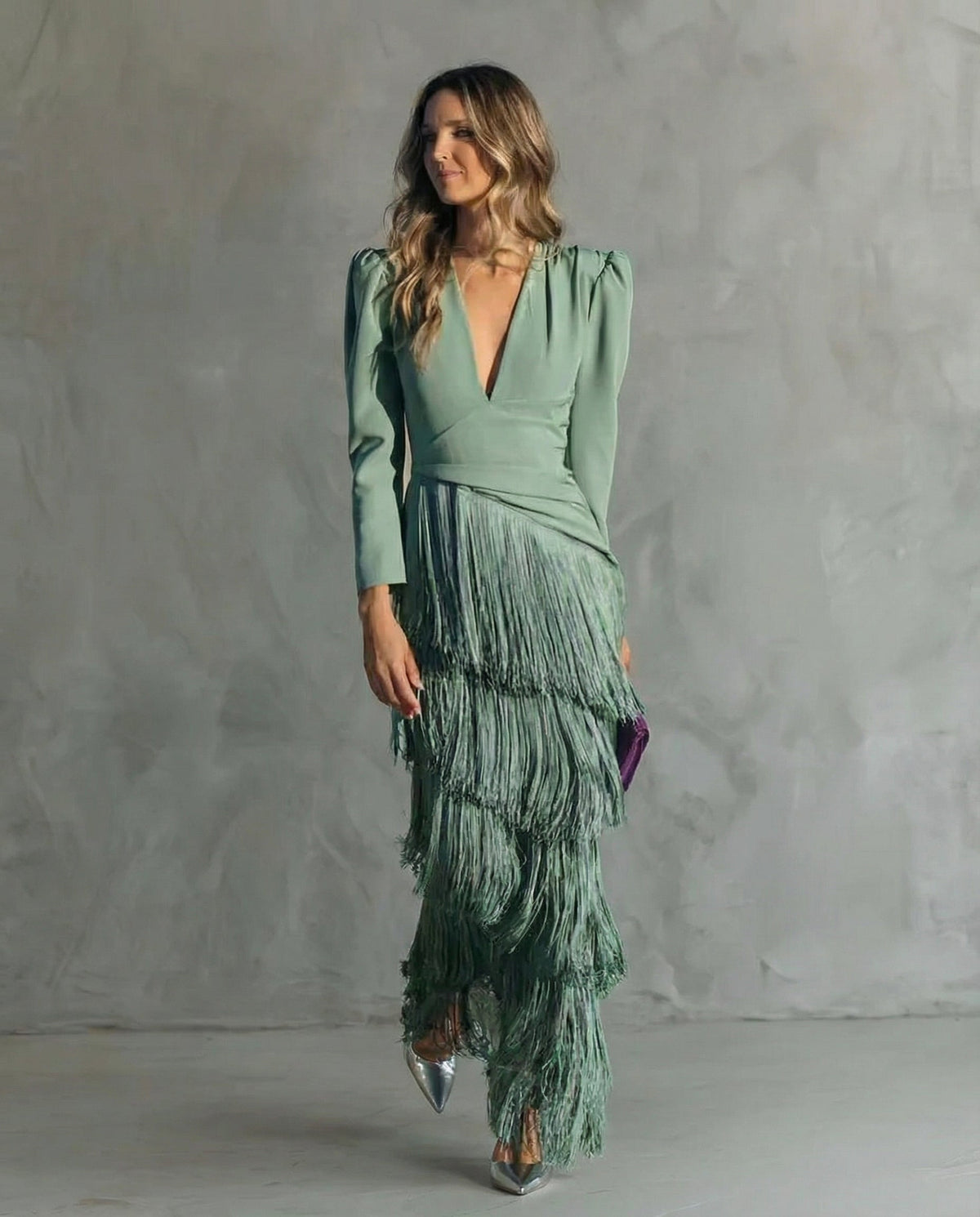 Midi Dress Women Boho Layered Fringe Flowy Silhouette Deep Neck