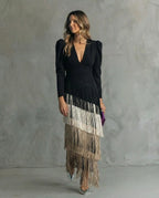 Midi Dress Women Boho Layered Fringe Flowy Silhouette Deep Neck