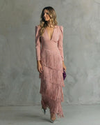 Midi Dress Women Boho Layered Fringe Flowy Silhouette Deep Neck