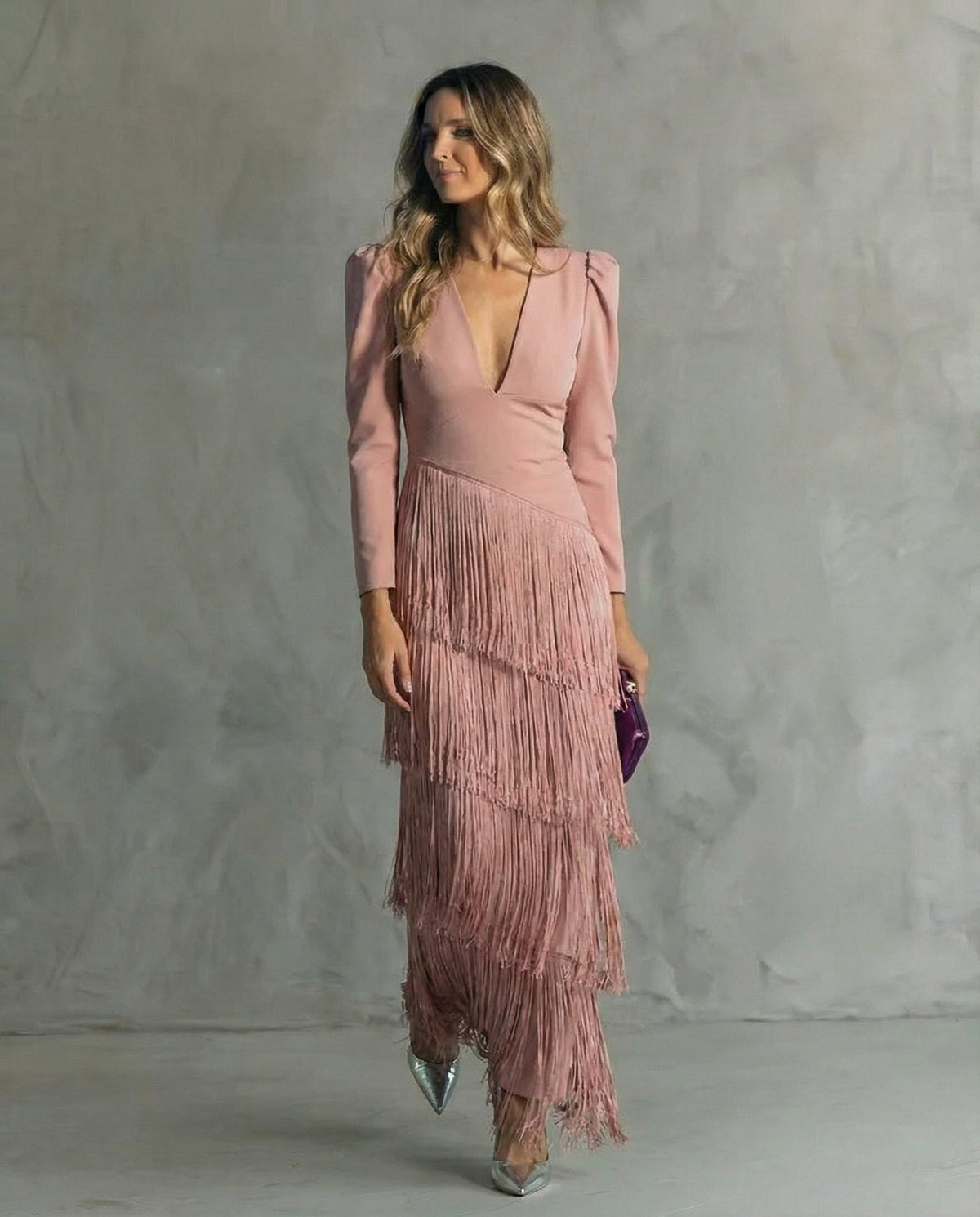 Midi Dress Women Boho Layered Fringe Flowy Silhouette Deep Neck