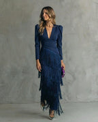 Midi Dress Women Boho Layered Fringe Flowy Silhouette Deep Neck