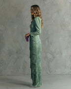 Midi Dress Women Boho Layered Fringe Flowy Silhouette Deep Neck