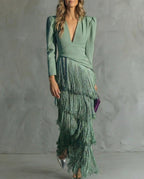 Midi Dress Women Boho Layered Fringe Flowy Silhouette Deep Neck
