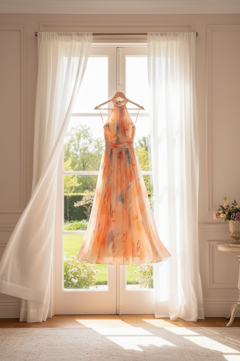 Aria | Women's Maxi Dress | Halter Neck, Floral Print, Open Back | Peach