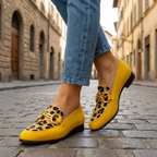 Solene | Animal Print Slip-On Slippers | Women's Flat, Buckle Accent | Yellow